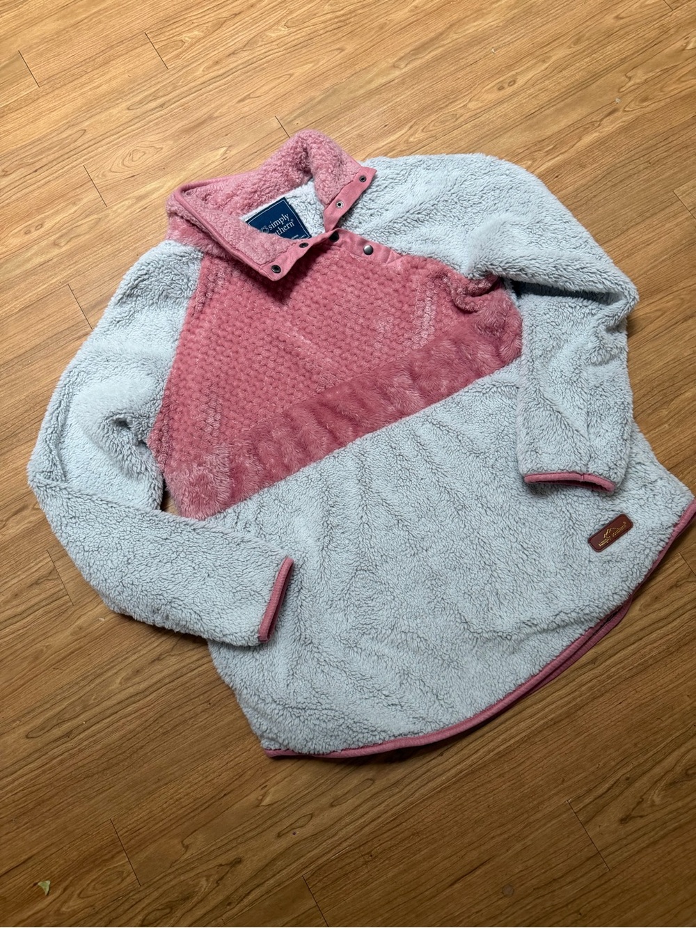 Simply Southern Pink and Light Gray Sherpa Snap Pullover